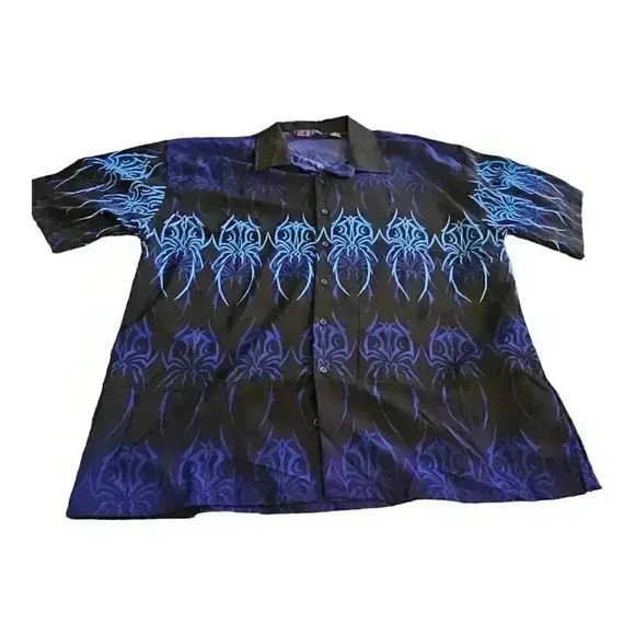 Y2K Zen Blue Tribal Design Polyester Button Up Shirt XXL - Picture 1 of 3
